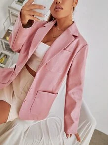 SHEIN Crocodile Embossed Patched Pocket PU Leather Blazer - Pink - View 1