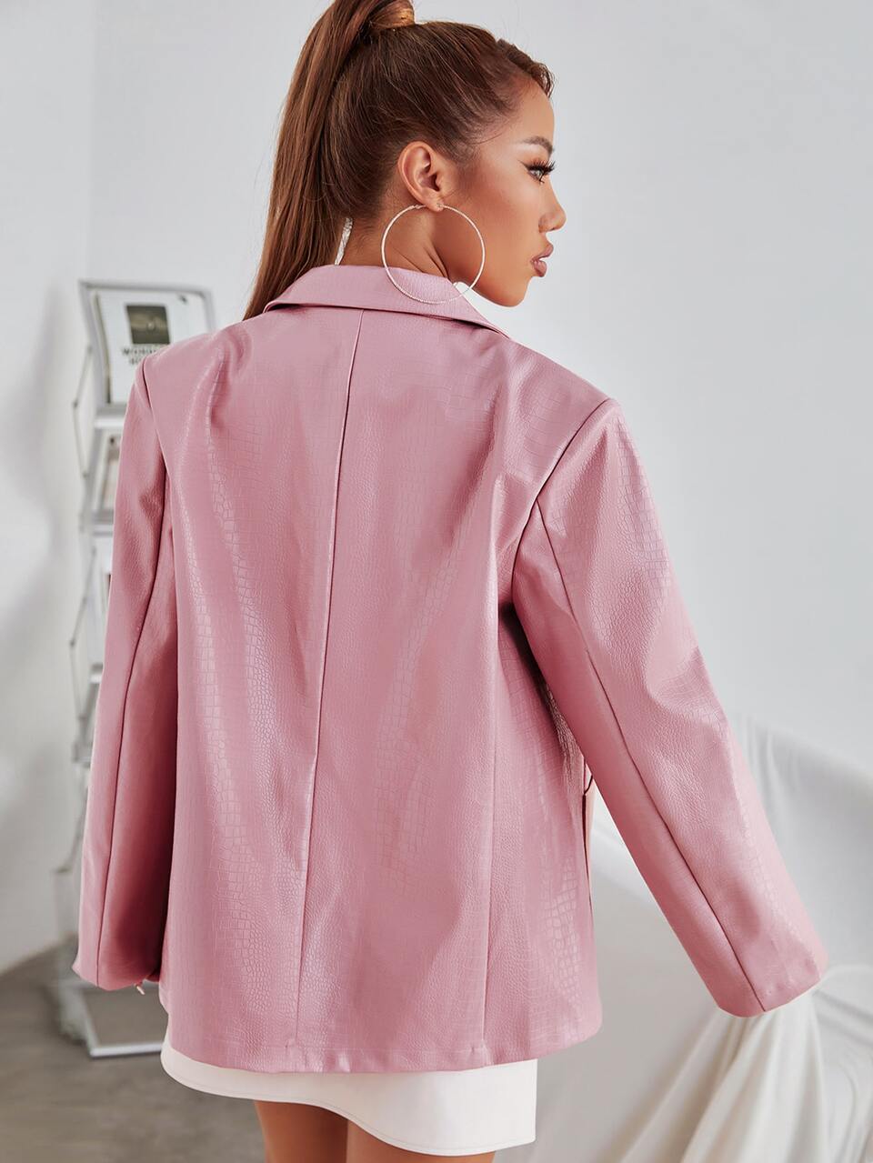 Crocodile Embossed Patched Pocket PU Leather Blazer