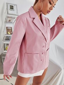 SHEIN Crocodile Embossed Patched Pocket PU Leather Blazer - Pink - View 5