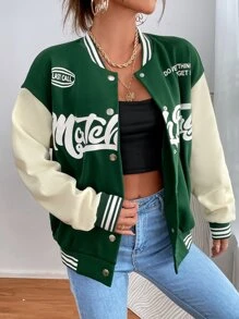 SHEIN Unity 標語圖案落肩袖學院風夾克 - 墨綠色 - 查看 4