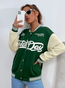 SHEIN Unity 標語圖案落肩袖學院風夾克 - 墨綠色 - 查看 5