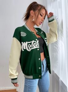 SHEIN Unity 標語圖案落肩袖學院風夾克 - 墨綠色 - 查看 7