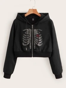 SHEIN EZwear Zipper Front Rhinestone Skeleton Hoodie - Black - View 1