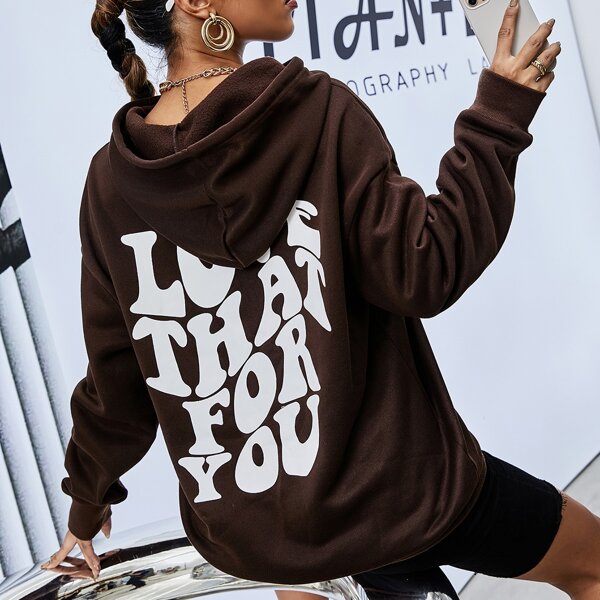 

Slogan Graphic Drop Shoulder Drawstring Thermal Lined Hoodie, Chocolate brown