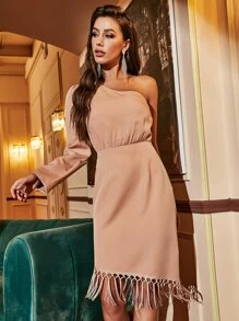 One Shoulder Fringe Hem Dress - Apricot - View 1