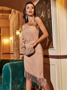 One Shoulder Fringe Hem Dress - Apricot - View 5