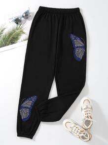 SHEIN Unity Butterfly Rhinestone Thermal Lined Elastic Waist Sweatpants - Black - View 1