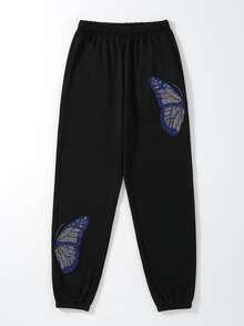 SHEIN Unity Butterfly Rhinestone Thermal Lined Elastic Waist Sweatpants - Black - View 4