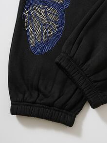 SHEIN Unity Butterfly Rhinestone Thermal Lined Elastic Waist Sweatpants - Black - View 6