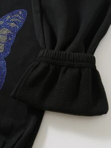 SHEIN Unity Butterfly Rhinestone Thermal Lined Elastic Waist Sweatpants - Black - View 7