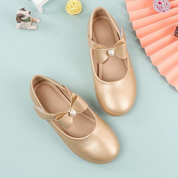 

Girls Faux Pearl & Bow Decor Ballet Flats, Gold