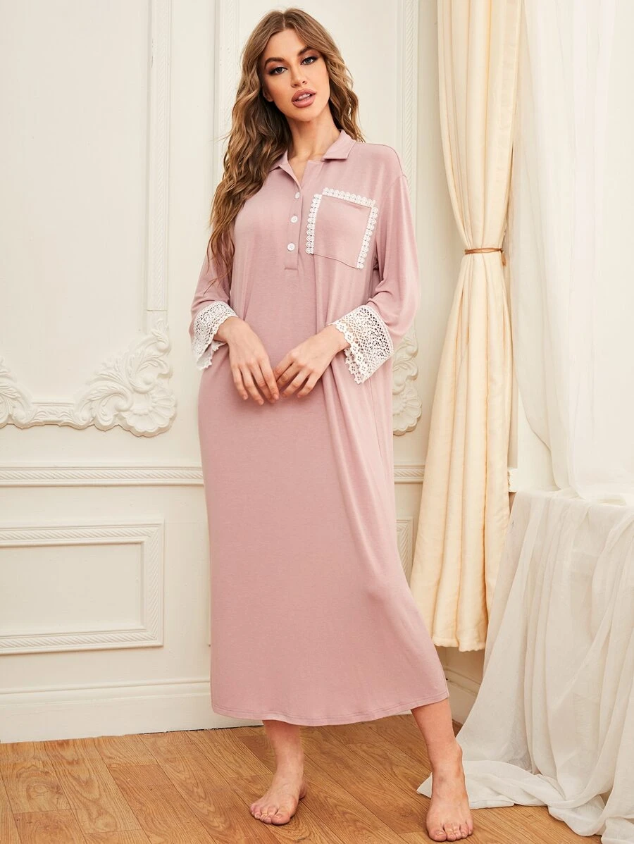 SHEIN Unity Guipure Lace Trim Night Dress, Moo Moo, Fall, Winter - Baby Pink - View 1