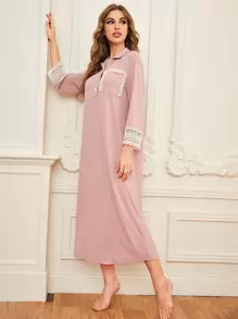 SHEIN Unity Guipure Lace Trim Night Dress, Moo Moo, Fall, Winter - Baby Pink - View 3