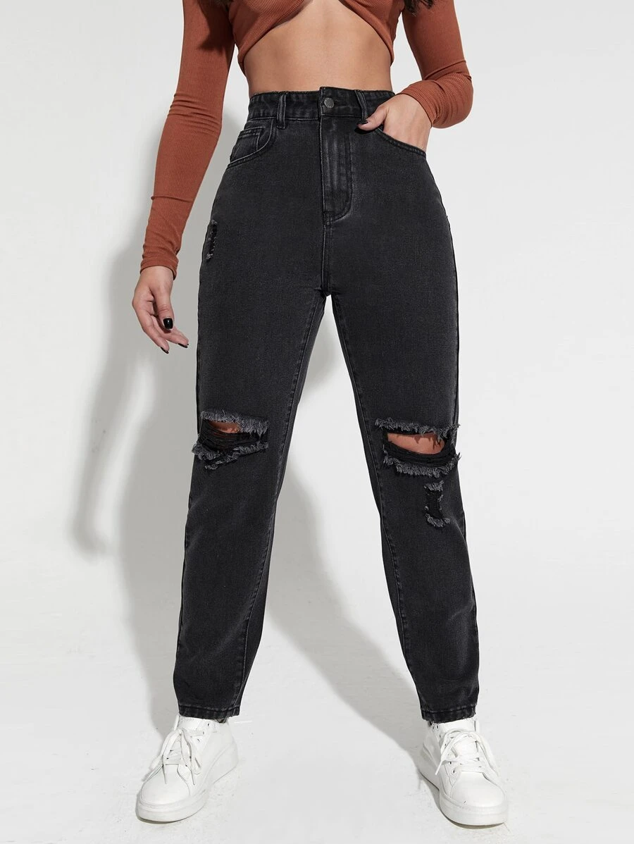 High Waist Ripped Mom Jeans - Black - View 1