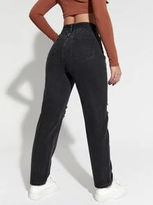 High Waist Ripped Mom Jeans - Black - View 2