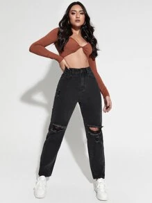 High Waist Ripped Mom Jeans - Black - View 3