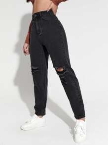 High Waist Ripped Mom Jeans - Black - View 4