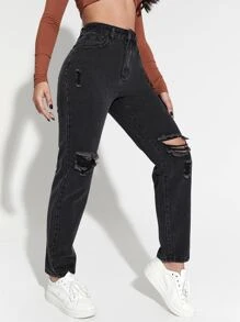 High Waist Ripped Mom Jeans - Black - View 5