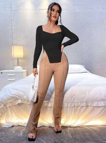 SHEIN SXY Áo thun nữ Chia Gân đan màu trơn Giải trí - màu đen - Xem 3