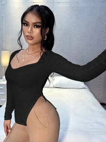 SHEIN SXY Áo thun nữ Chia Gân đan màu trơn Giải trí - màu đen - Xem 4