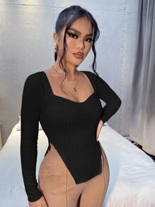 SHEIN SXY Áo thun nữ Chia Gân đan màu trơn Giải trí - màu đen - Xem 5