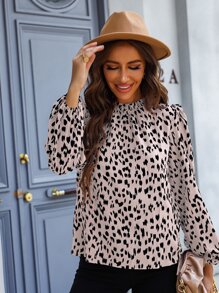 SHEIN LUNE Áo sơ mi nữ Nút Cắt ra viền lá sen Tất cả trên in Thanh lịch - Nhiều màu - Xem 6