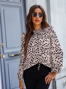 SHEIN LUNE Áo sơ mi nữ Nút Cắt ra viền lá sen Tất cả trên in Thanh lịch - Nhiều màu - Xem 4