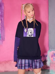 ROMWE Anime 條紋袖人像圖案連帽衫 - 黑色 - 查看 4