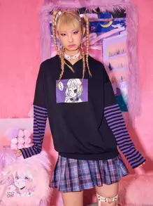 ROMWE Anime 條紋袖人像圖案連帽衫 - 黑色 - 查看 5