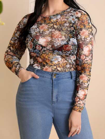 مقاس كبير ملابس علوية طباعة الأزهار شبكة