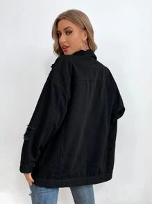 Mian Twins X SHEIN Ripped Detail Button Front Denim Jacket - Black - View 2