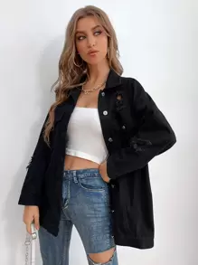 Mian Twins X SHEIN Ripped Detail Button Front Denim Jacket - Black - View 1