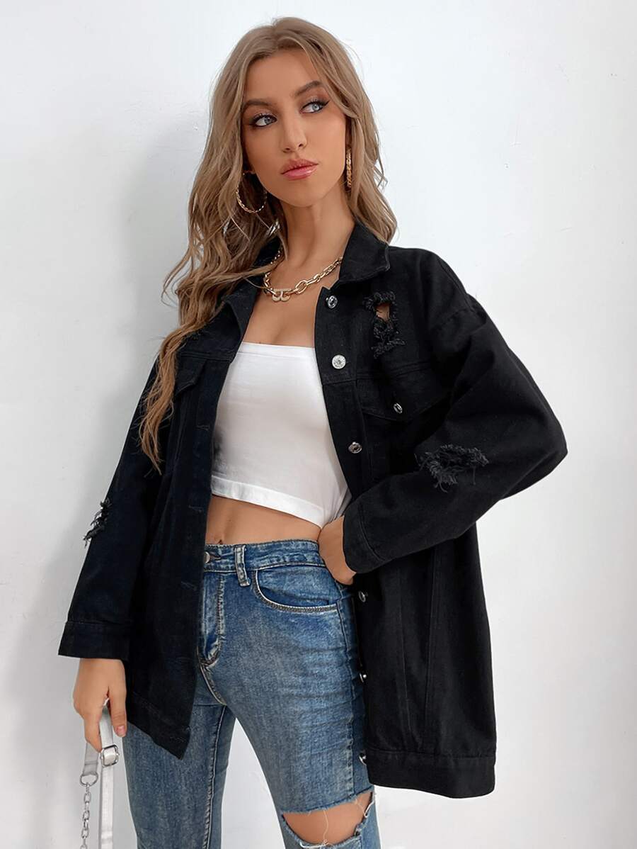 Mian Twins X SHEIN Ripped Detail Button Front Denim Jacket - Black - View 1