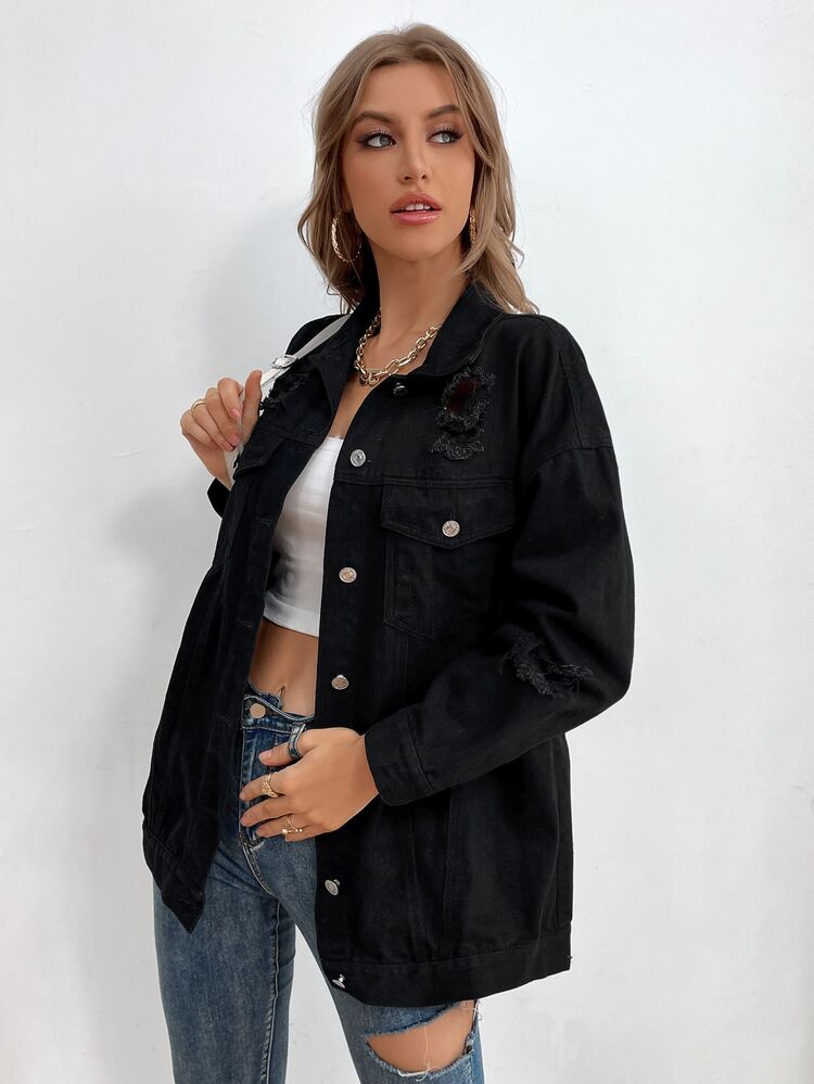 Mian Twins X SHEIN 破洞細節前紐扣牛仔夾克 - 黑色 - 查看 3