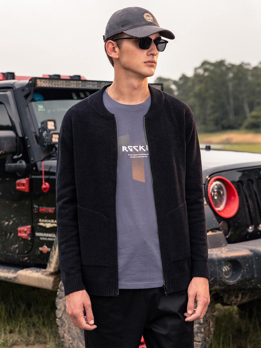 Men Zip Up Cardigan - Black - View 1