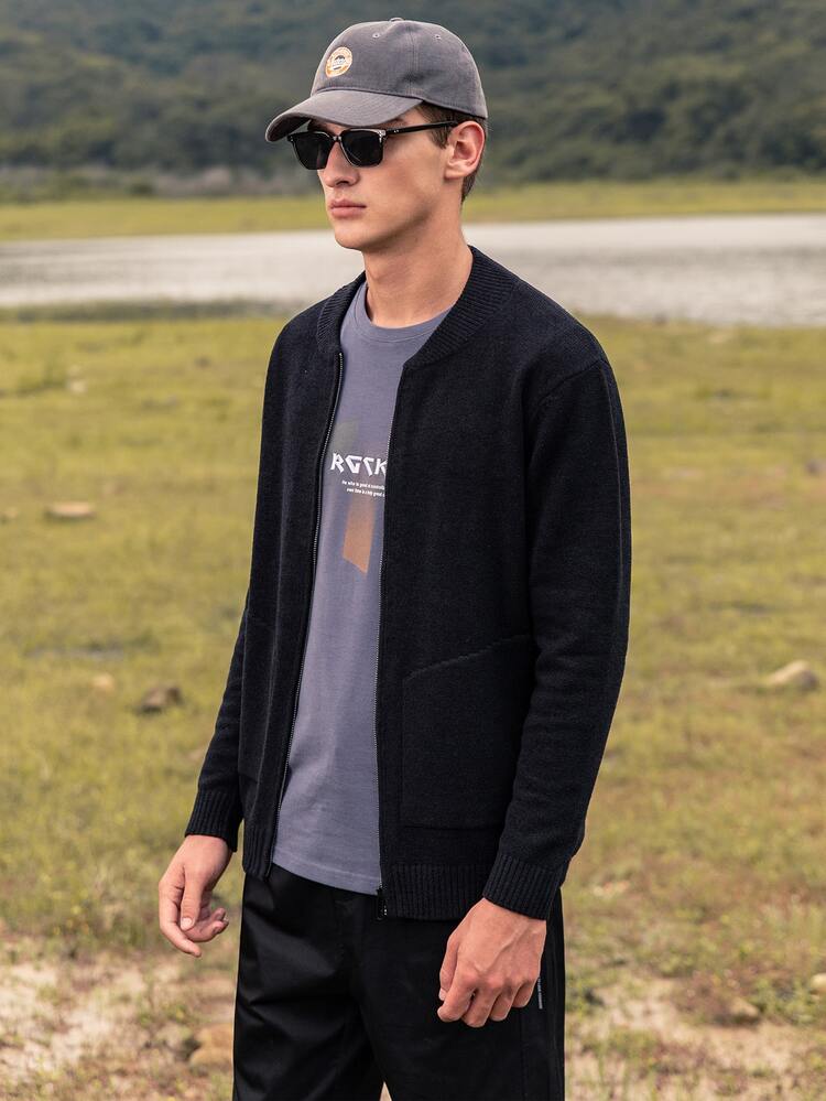 Men Zip Up Cardigan - Black - View 4