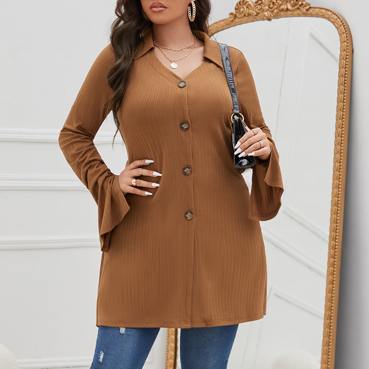 размера плюс Длинное пальто с разрезом на рукавах однобортный