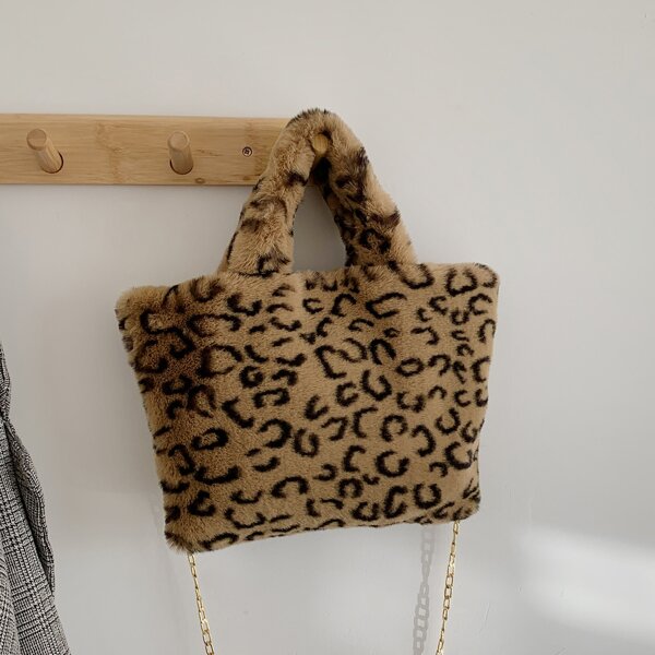 

Leopard Pattern Fuzzy Top Handle Bag, Brown