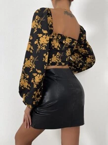 Breezaya Áo crop tay dài cổ tròn in họa tiết hoa, áo dài tay - Nhiều màu - Xem 2