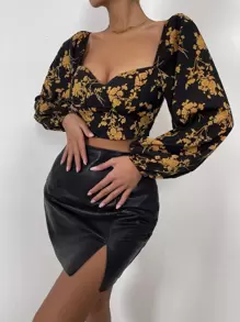 Breezaya Áo crop tay dài cổ tròn in họa tiết hoa, áo dài tay - Nhiều màu - Xem 3