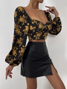 Breezaya Áo crop tay dài cổ tròn in họa tiết hoa, áo dài tay - Nhiều màu - Xem 4