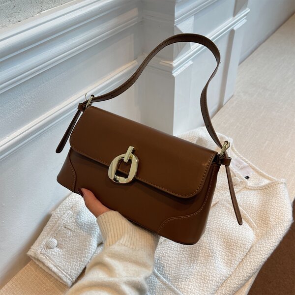 

Metal Decor Flap Square Bag, Coffee brown