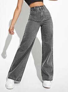 Jeans de pierna recta de talle alto - Gris Oscuro - Ver 1