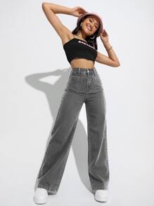 Jeans de pierna recta de talle alto - Gris Oscuro - Ver 4