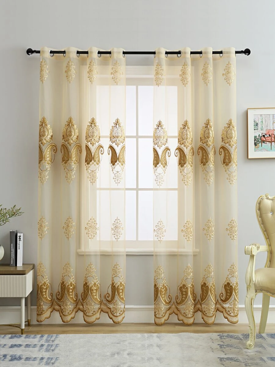 Embroidery Detail Single Panel Sheer Curtain - Yellow - View 1