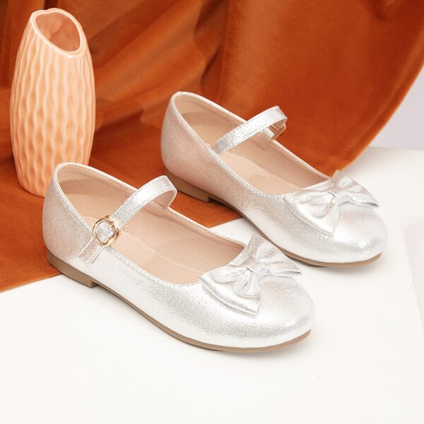 

Girls Bow Decor Glitter Mary Janes, Silver