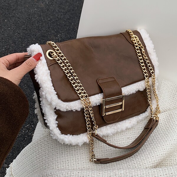 

Buckle Decor Contrast Binding Chain Bag, Coffee brown
