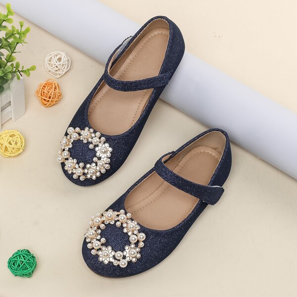 

Girls Faux Pearl Decor Ballet Flats, Navy blue