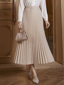 Modelyn Solid Elastic Waist Pleated Skirt - Beige - View 1