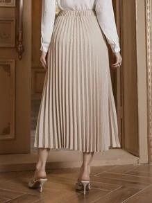 Modelyn Solid Elastic Waist Pleated Skirt - Beige - View 2